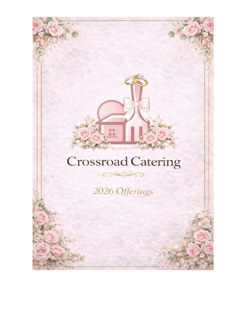 Crossroad Catering 2026 wedding menu cover with blush flowers and wedding rings